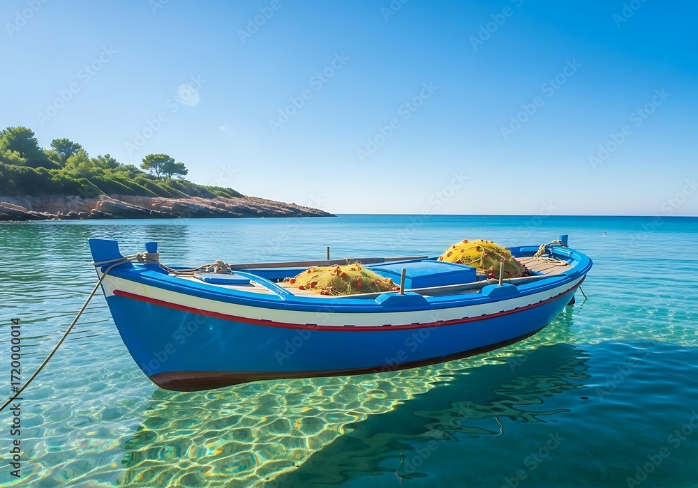 Naklejka premium Tranquil blue fishing boat resting on crystal waters in secluded bay