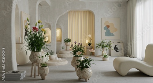 Interior design with plants and white curved furniture