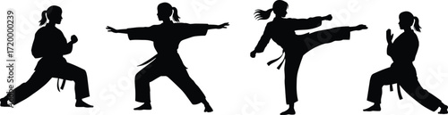 Martial arts silhouette icons, fighting stance poses, black and white design, traditional uniform vector, self-defense illustration set, combat technique graphic, discipline symbol