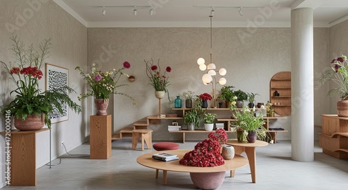 Interior view of a flower shop with plants and displays