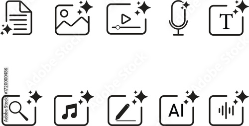 AI  vector icon set. Buttons for generate media files image, video, audio,  text , sound , music, with artificial intelligence on a transparent background.