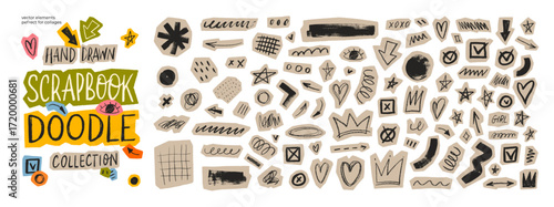 Playful scrapbook doodle set. Cute cutout elements for collage.