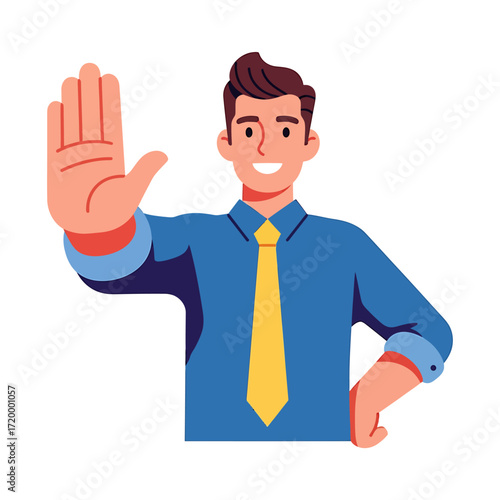 Cartoon Businessman Gesturing Stop with Hand, Flat Vector Illustration