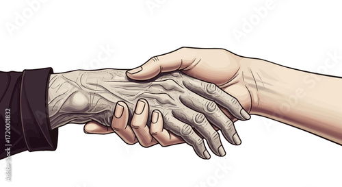 Lifelong Journey A Symbolic Handshake Between a Youthful Hand and an Aged Hand, Illustrating Connection and Support