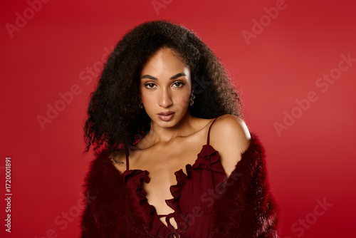 фотографія Stunning autumn style showcased by a confident Black woman in a studio setting