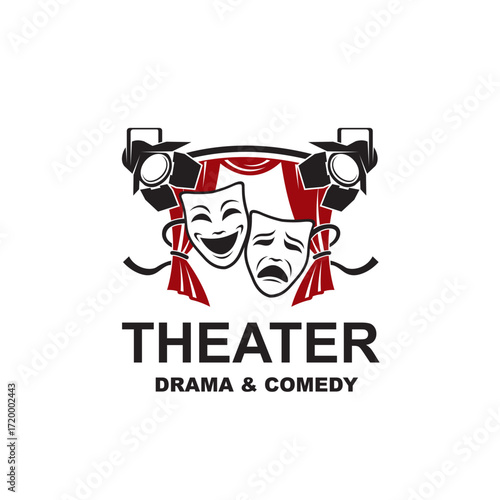icon of comedy and tragedy theatrical masks with curtains isolated on white background