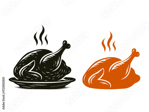 A dish of roasted aromatic turkey or chicken for Thanksgiving and Christmas. Flat vector illustration isolated on white background.