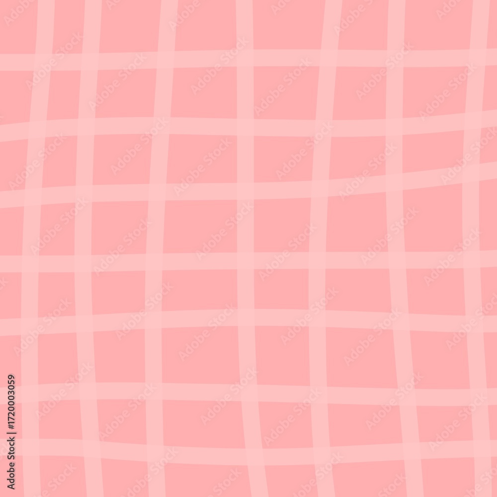 Fototapeta premium Pastel pink plaid pattern with vertical and horizontal lines in lighter pink, slightly wavy, forming squares.