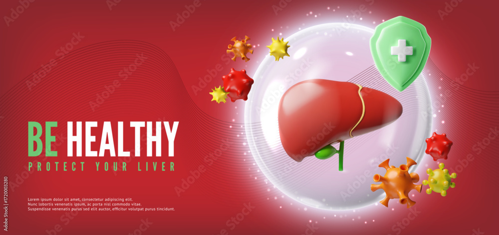 Naklejka premium Be healthy protect your liver 3D realistic vector banner, hepatic system in protective sphere from bacteria and viruses