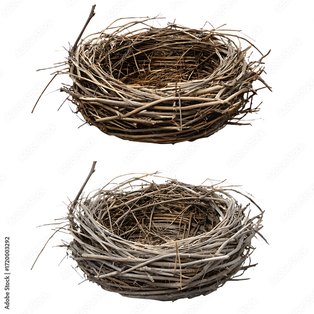 Obraz premium Two natural twig bird nests on isolated on a transparent background organic empty