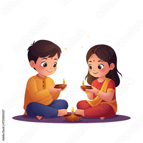 Vibrant 2D flat vector illustration of a boy and girl, together holding lit Diwali diya lamps, looking at the soft glow with wonder and peace on a clean white background.