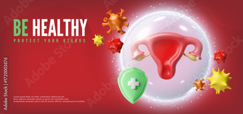 3d banner with uterus, in protective glowing bubble, with bacteria around and green shield.