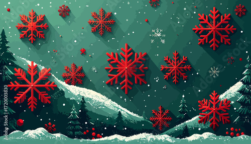 Vibrant red snowflakes adorn a textured green background, evoking a festive winter wonderland perfect for holiday celebrations and seasonal greetingsA vibrant red Christmas background with a decorated