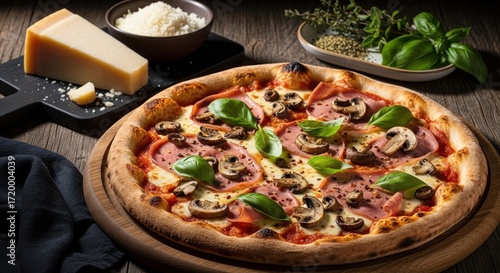 Deliciously prepared pizza with fresh ingredients and a wedge of parmesan cheese isolated on white background