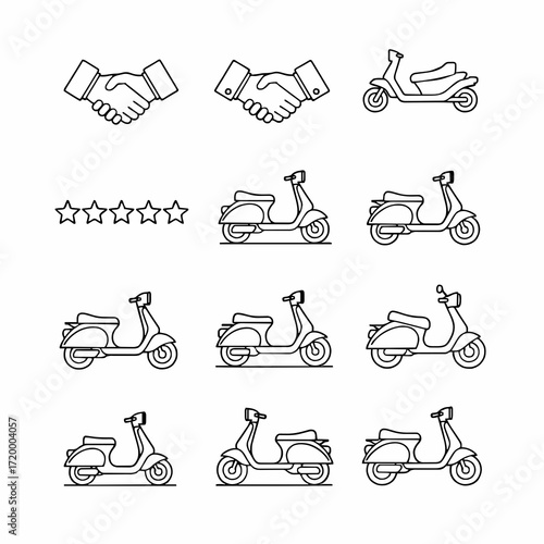 Line icon set for scooter rental and sharing services, with moped illustrations, a business handshake for agreements, and a five-star customer rating symbol