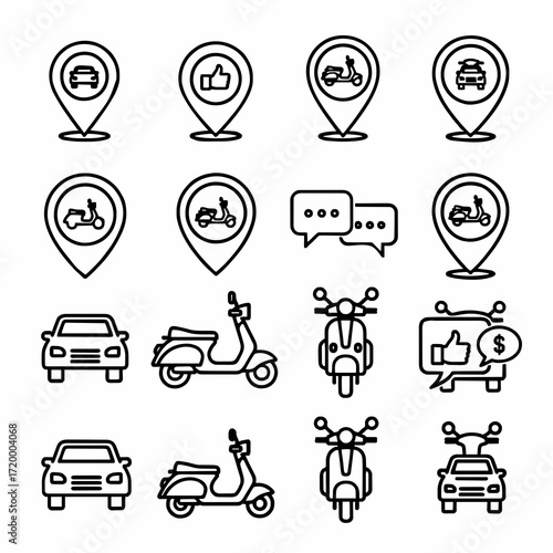 Versatile collection of line art icons depicting essential transportation, delivery, and location services, ideal for modern digital applications and user interface designs