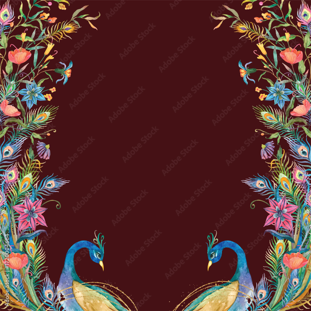 Fototapeta premium Traditional Mughal garden scene in Pichwai style featuring peacock and arches, designed for wallpaper