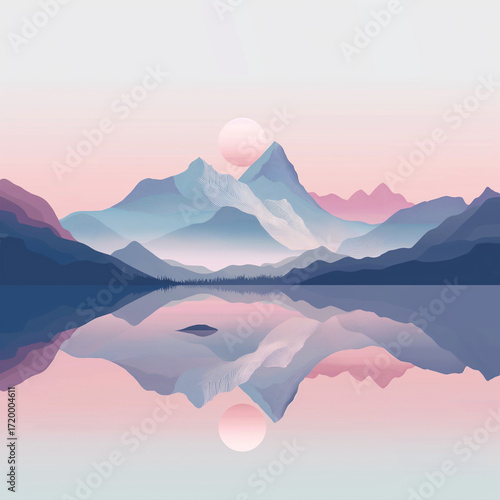 minimalist pastel mountain landscape that showcases a serene and tranquil scene with a focus on soft gradients and reflections.