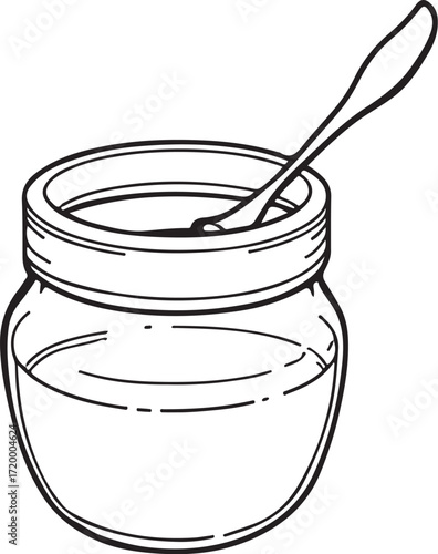 Honey Jar Hand-drawn Vector Illustration, Sketch Drawing Doodle Line Linear Symbol Icon Engraving Coloring Book, Black and White Isolated