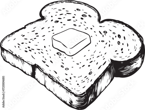 Slice of Bread Toast with Butter Hand-drawn Vector Illustration, Sketch Drawing Doodle Line Linear Symbol Icon Engraving Coloring Book, Black and White Isolated