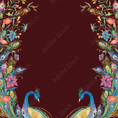 Traditional Mughal garden scene in Pichwai style featuring peacock and arches, designed for wallpaper
