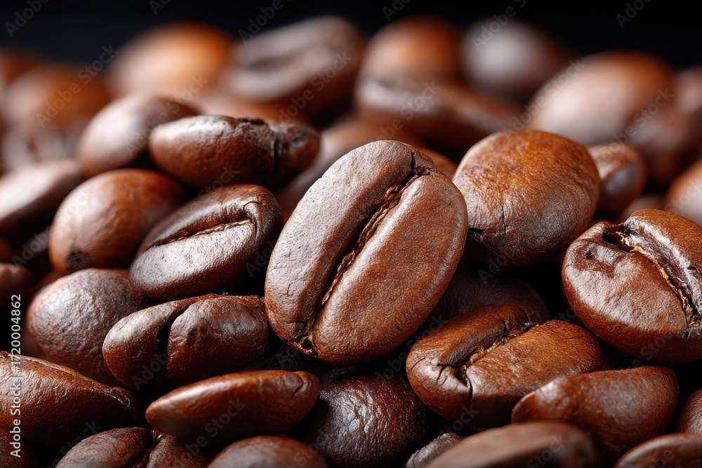 Naklejka premium Close Up of Roasted Coffee Beans on Dark Background