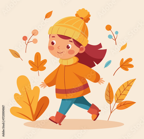 Cozy fall moment: little girl in a woolen hat steps on crunchy leaves, simple shapes, vector graphic