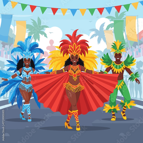 Experience the vibrant energy of Carnival with these joyful dancers in colorful costumes, celebrating culture and community in a lively street parade