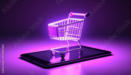 Futuristic Ecommerce Neon Shopping Cart on Tablet with Purple Glow, and Online Shopping Concept.
