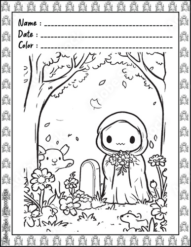 Spooky Cutie Bold & Easy Coloring Page with Cute Animals for Adults and Kid. High resolution (300 DPI), Ready to print on standard 8.5x11-(A4) inch paper With (No Bleed), Black and White. Vector 