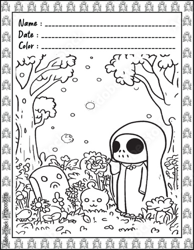 Spooky Cutie Bold & Easy Coloring Page with Cute Animals for Adults and Kid. High resolution (300 DPI), Ready to print on standard 8.5x11-(A4) inch paper With (No Bleed), Black and White. Vector 
