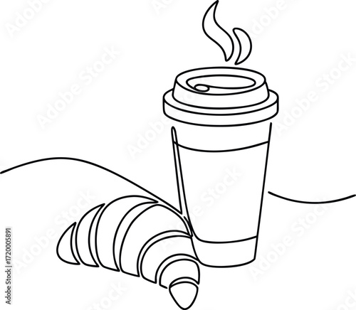 Vector art of continuous line drawing of a croissant and a takeaway coffee cup with steam