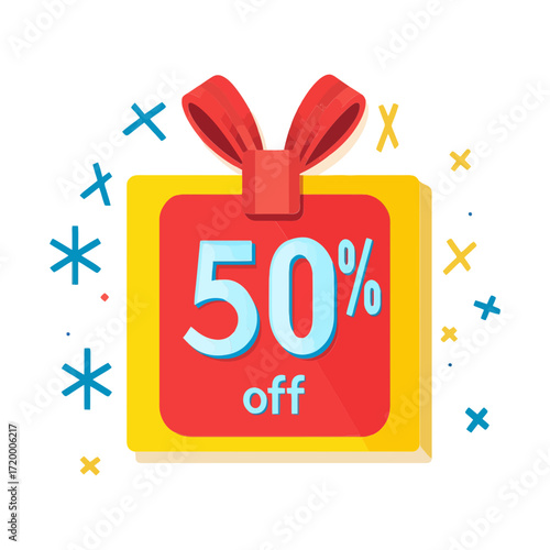flat design icon of red and yellow tag tied with red ribbon,showing "50% off," surrounded by abstract elements for websites, blogs,social media to highlight sales,promotions,discounts,limited-time off