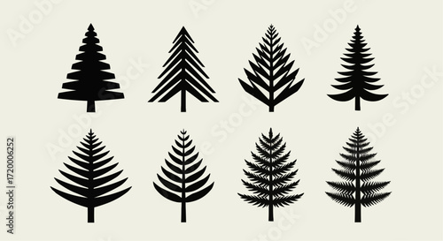 Collection of Eight Unique Black Silhouette Tree Icons Perfect for Nature-Themed Designs and Projects