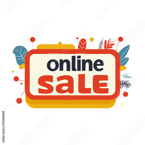 A flat vector illustration featuring an "online sale" banner with a seasonal leaf and berry motif. Perfect for e-commerce websites, blogs, or social media posts promoting discounts or holidays.

