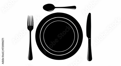 Sleek minimalist black silhouette of a complete dining place setting, featuring a plate, fork, knife, and spoon arranged for a meal, ideal for culinary, hospitality, and restaurant themes