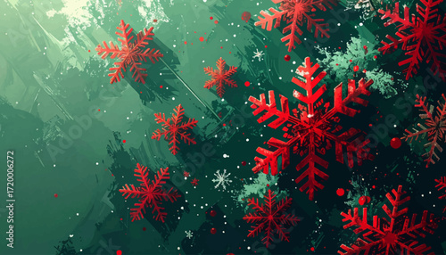 Red Snowflakes Falling on a Green Winter Landscape A Festive Digital Art Piece