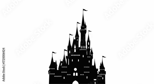 A magical fairytale castle silhouette with towering spires and flags, an iconic fantasy palace vector illustration isolated on a white background