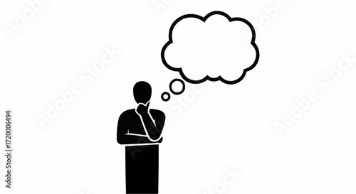 Silhouette of a person contemplating with an empty thought bubble, representing deep reflection, new ideas, creative problem-solving, and the process of making important decisions