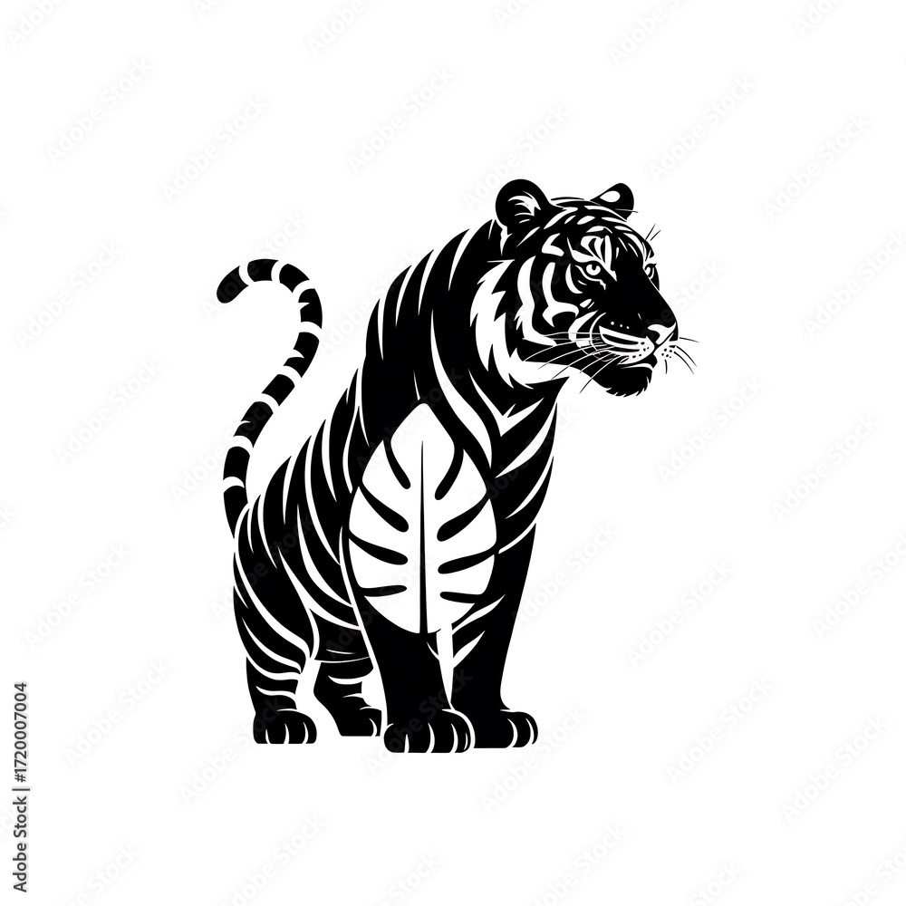 Fototapeta premium Striking Black and White Tiger Illustration Majestic Feline with Bold Stripes and a Hint of Foliage