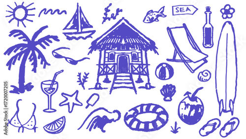 A collection of hand-drawn blue summer and beach vacation icons and elements, including a hut, palm tree, surfboard, and various leisure items on a white background.