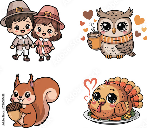 Cute thanksgiving characters including pilgrim couple, owl, squirrel, and turkey