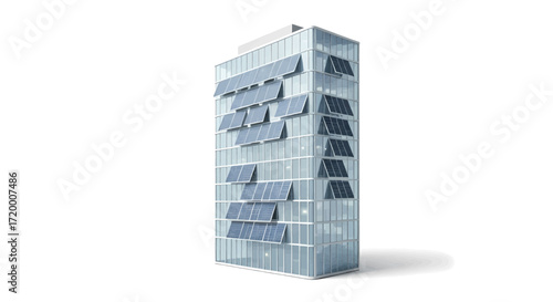 Modern skyscraper with integrated solar panels on its facade, showcasing sustainable urban architecture and renewable energy solutions