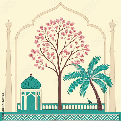 Vector art illustration of the Taj Mahal monument, a beautiful landmark of Indian architecture and travel