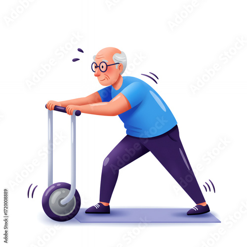 Elderly man exercising with an ab roller on workout mat indoors  
