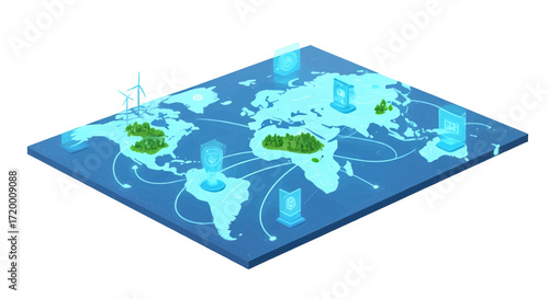 Global Sustainable Energy and Digital Infrastructure Network Illustrated on an Isometric World Map, Symbolizing Interconnectedness and Future Technological Advancement Towards a Greener Planet