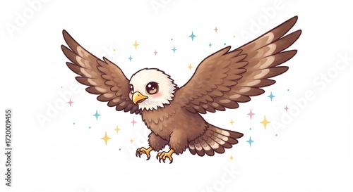 可愛いワシの羽ばたき 優しい光輝く 幻想的イラスト. AI Generated