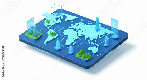 A dynamic isometric world map showcasing global energy infrastructure, digital connectivity, and sustainable technology solutions for a future-focused planet