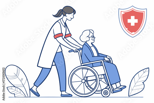Nurse Pushing Elderly Patient in Wheelchair Vector Illustration