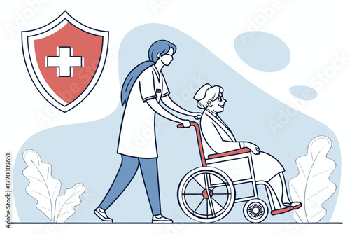 Hospital Staff with Wheelchair and Elderly Patient Illustration